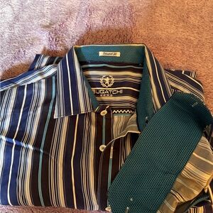 Bugatchi Men's Navy and Teal Striped Shirt